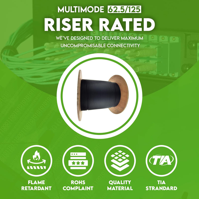 12 Fiber Indoor/Outdoor Fiber Optic Cable, Multimode, 62.5/125, Black, Riser Rated, Corning InfiniCor 300, Spool, 1000 Feet