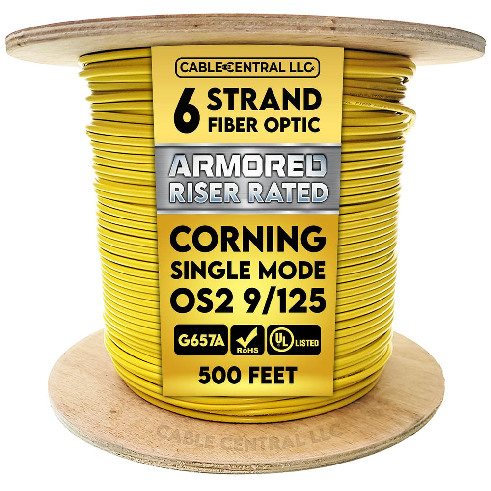 Armored 6 Strand Indoor Fiber Optic Distribution Cable, OS2 9/125 Singlemode, Corning Optical Fiber, Riser Rated, Yellow, Spool, 500 Feet