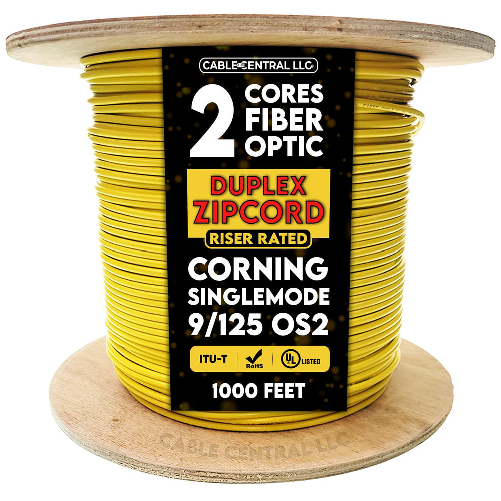 Zipcord Fiber Optic Cable, Duplex, OS2 9/125 Singlemode Networking Cable, Corning, Yellow, Riser Rated, Spool, 1000 Feet