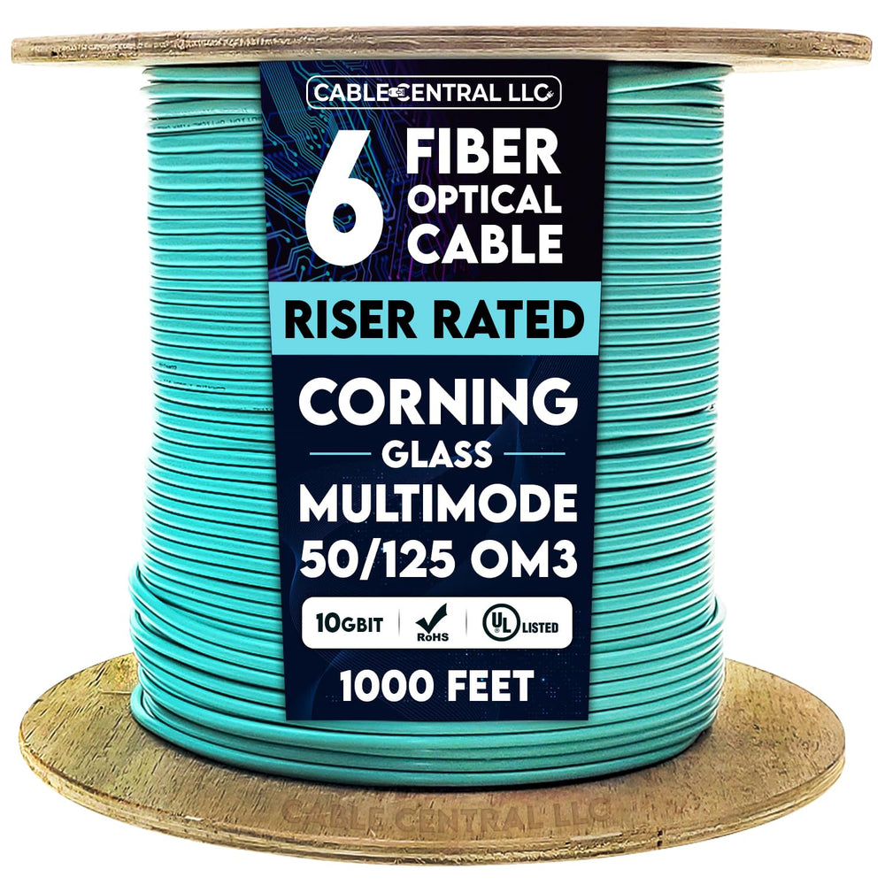 6 Fiber Indoor Distribution Fiber Optic Cable, Multimode 50/125 OM3, Corning, 10 Gbit, Aqua, Riser Rated, Corning Glass, Spool, 1000 Feet