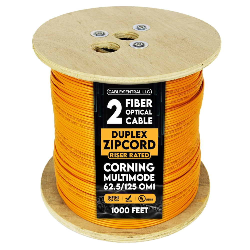 Bulk Zipcord Fiber Optic Cable, Duplex, multimode 62.5/125 OM1, Corning InfiniCor 300, Orange, Riser Rated, Spool, 1000 Feet