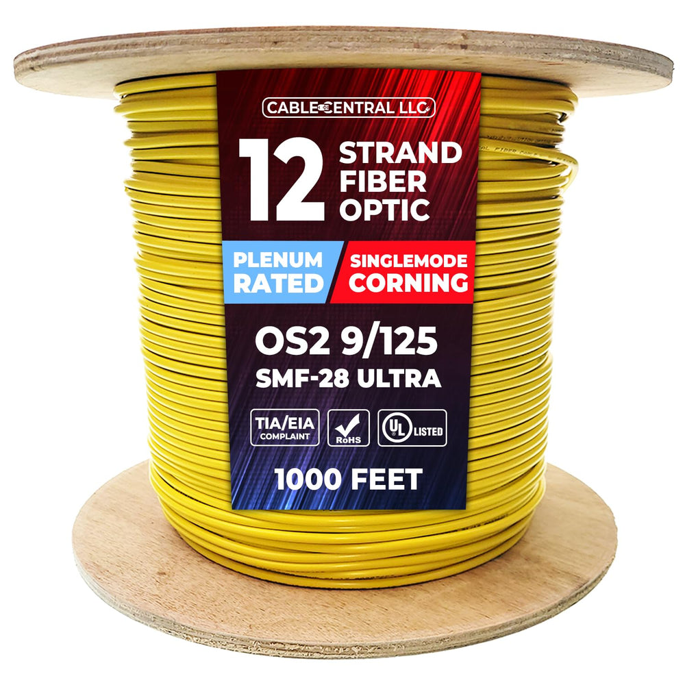 Plenum 12 Strand Indoor Distribution Fiber Optic Cable, OS2 9/125 Singlemode, Corning SMF-28 Ultra, Yellow, Spool, 1000 Feet