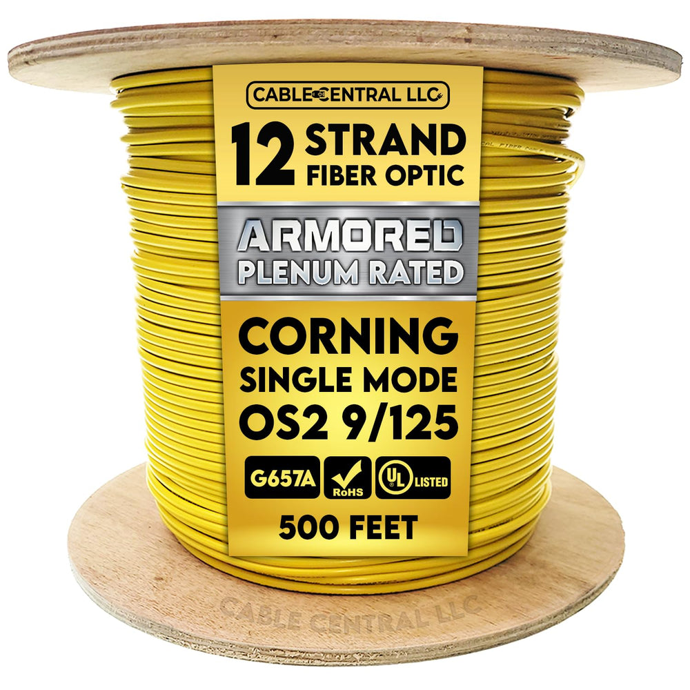 Armored Plenum 12 Strand Indoor Fiber Optic Distribution Cable, OS2 9/125 Singlemode, Corning Optical Fiber, Yellow, Spool, 500 Feet