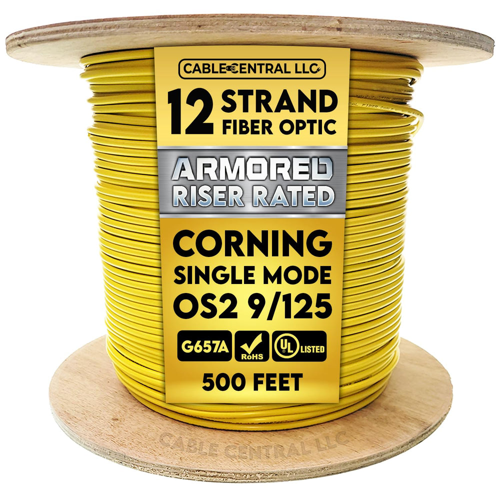 Armored 12 Strand Indoor Fiber Optic Distribution Cable, OS2 9/125 Singlemode, Corning Optical Fiber, Riser Rated, Yellow, Spool, 500 Feet