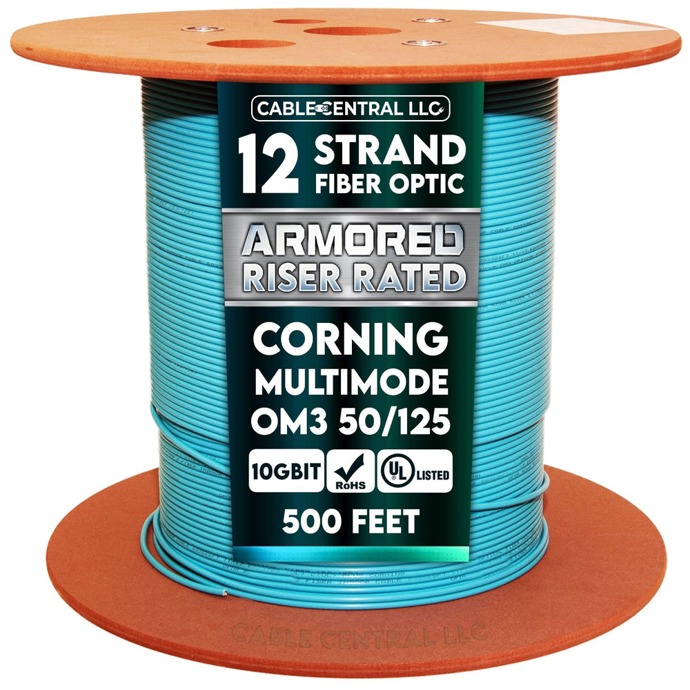 Armored 12 Strand Indoor Fiber Optic Distribution Cable, 10Gbit, OM3 50/125 Multimode, Corning Optical Fiber, Riser Rated, Aqua, Spool, 500 Feet