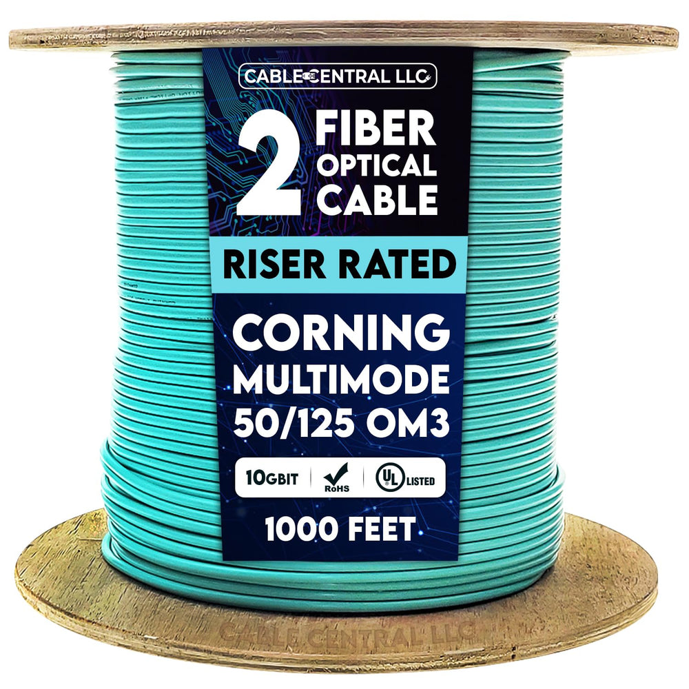 2 Fiber Indoor Distribution Fiber Optic Cable, Multimode 50/125 OM3, Corning, 10 Gbit, Aqua, Riser Rated, Spool, 1000 Feet