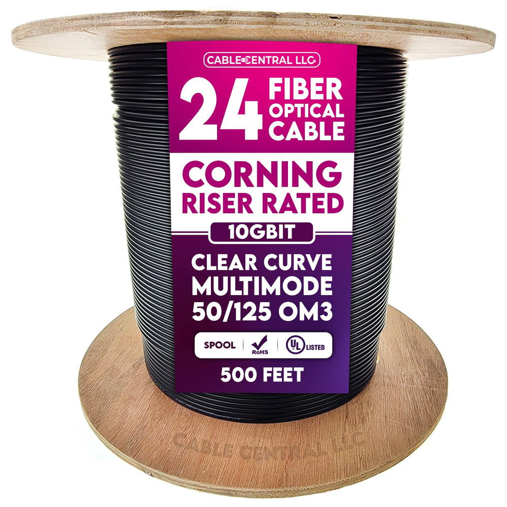 24 Fiber Indoor/Outdoor Fiber Optic Cable, Multimode 50/125, Corning Clear Curve OM3, 10 Gbit Netwworking Cable, Black, Riser Rated, Spool, 1000 Feet