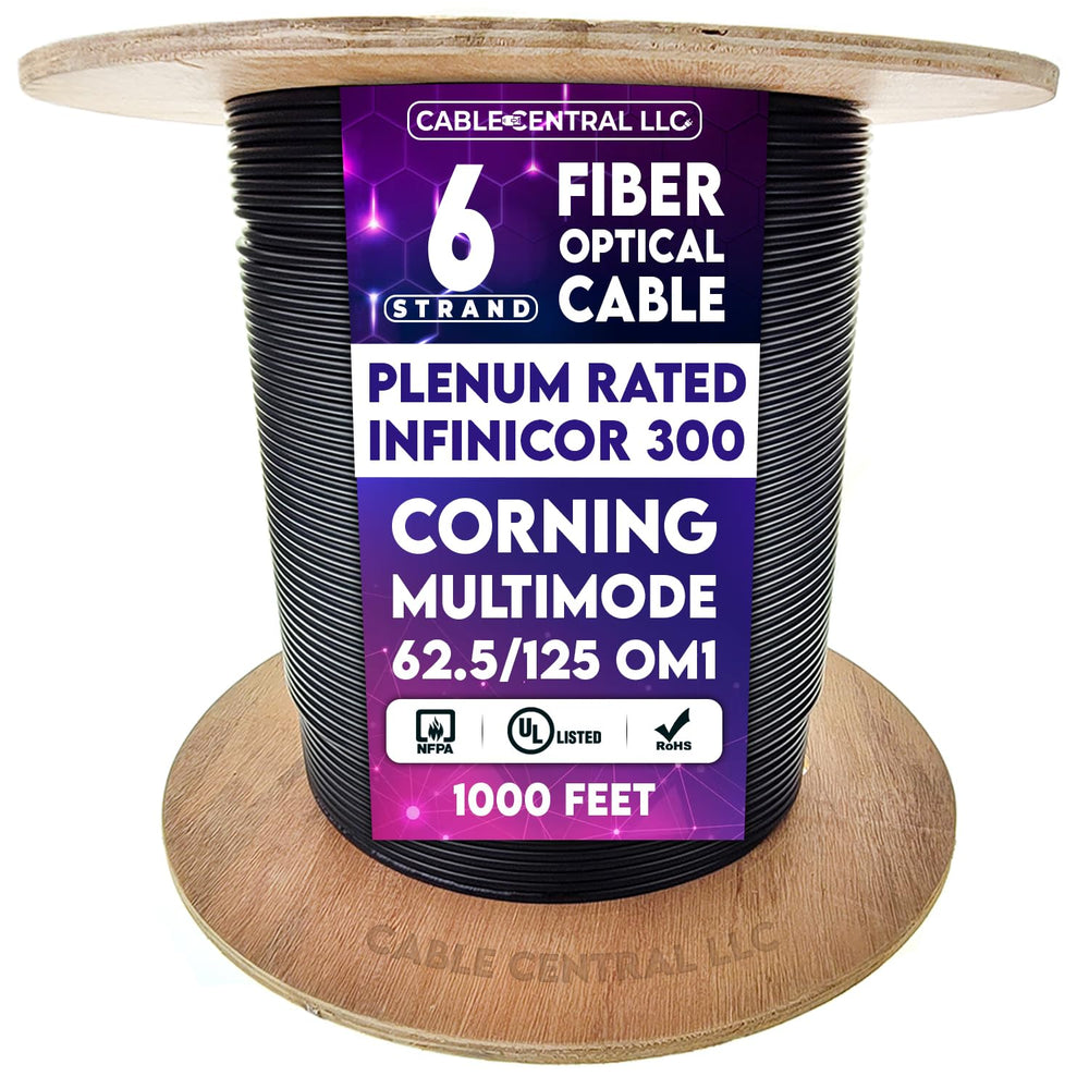 6 Fiber Indoor/Outdoor Fiber Optic Cable, Multimode 62.5/125 OM1, Corning InfiniCor 300, Plenum, NFPA 262, Black, Spool, 1000 Feet