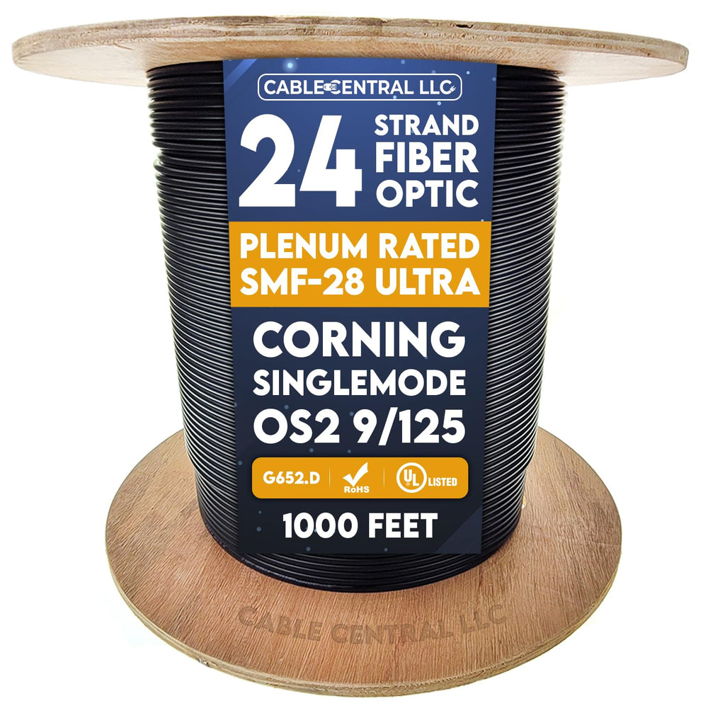 Plenum 24 Strand Indoor/Outdoor Fiber Optic Cable, OS2 9/125 Singlemode, Corning SMF-28 Ultra, Black, Spool, 1000 Feet