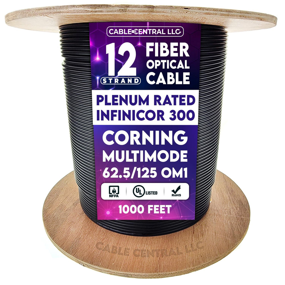 12 Fiber Indoor/Outdoor Fiber Optic Cable, Multimode 62.5/125 OM1, Corning InfiniCor 300, Plenum, NFPA 262, Black, Spool, 1000 Feet