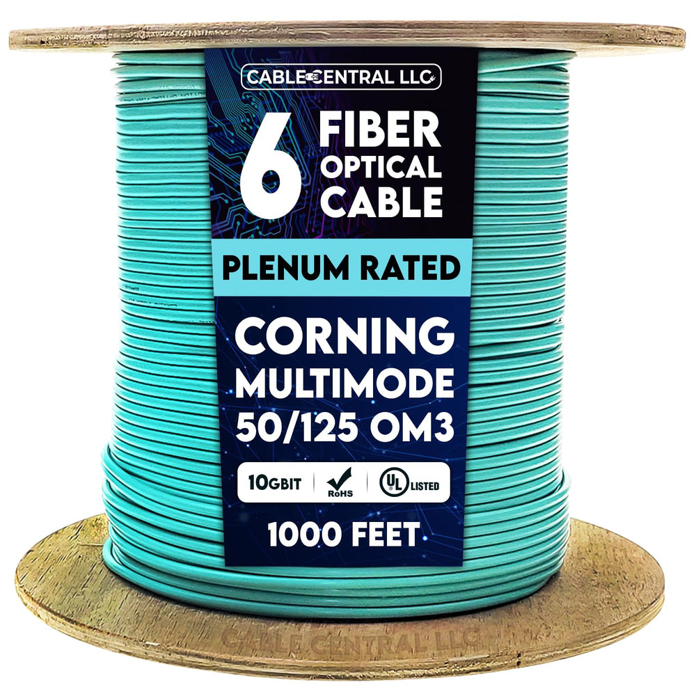 6 Fiber Indoor Distribution Fiber Optic Cable, Multimode 50/125 OM3, Corning, Plenum Rated, Aqua, Spool, 1000 Feet