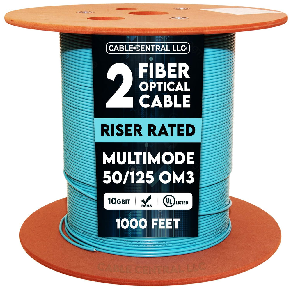 2 Fiber Indoor Distribution Fiber Optic Cable, Multimode 50/125 OM3, 10 Gbit, Aqua, Riser Rated, Spool, 1000 Feet