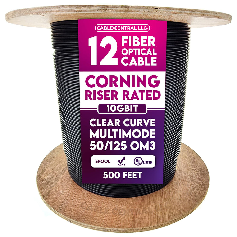 12 Fiber Indoor/Outdoor Fiber Optic Cable, Multimode 50/125, Corning Clear Curve OM3, 10 Gbit, Black, Riser Rated, Spool, 1000 Feet