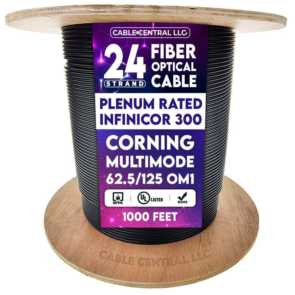 24 Fiber Indoor/Outdoor Fiber Optic Cable, Multimode 62.5/125 OM1, Corning InfiniCor 300, Plenum, NFPA 262, Black, Spool, 1000 Feet