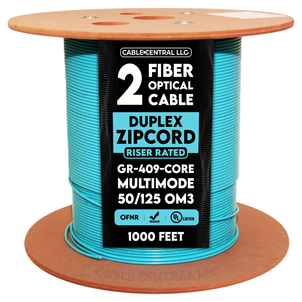 Bulk Zipcord Fiber Optic Cable, Duplex, Multimode 50/125 OM3, GR-409-CORE, Aqua, Riser Rated, Spool, 1000 Feet