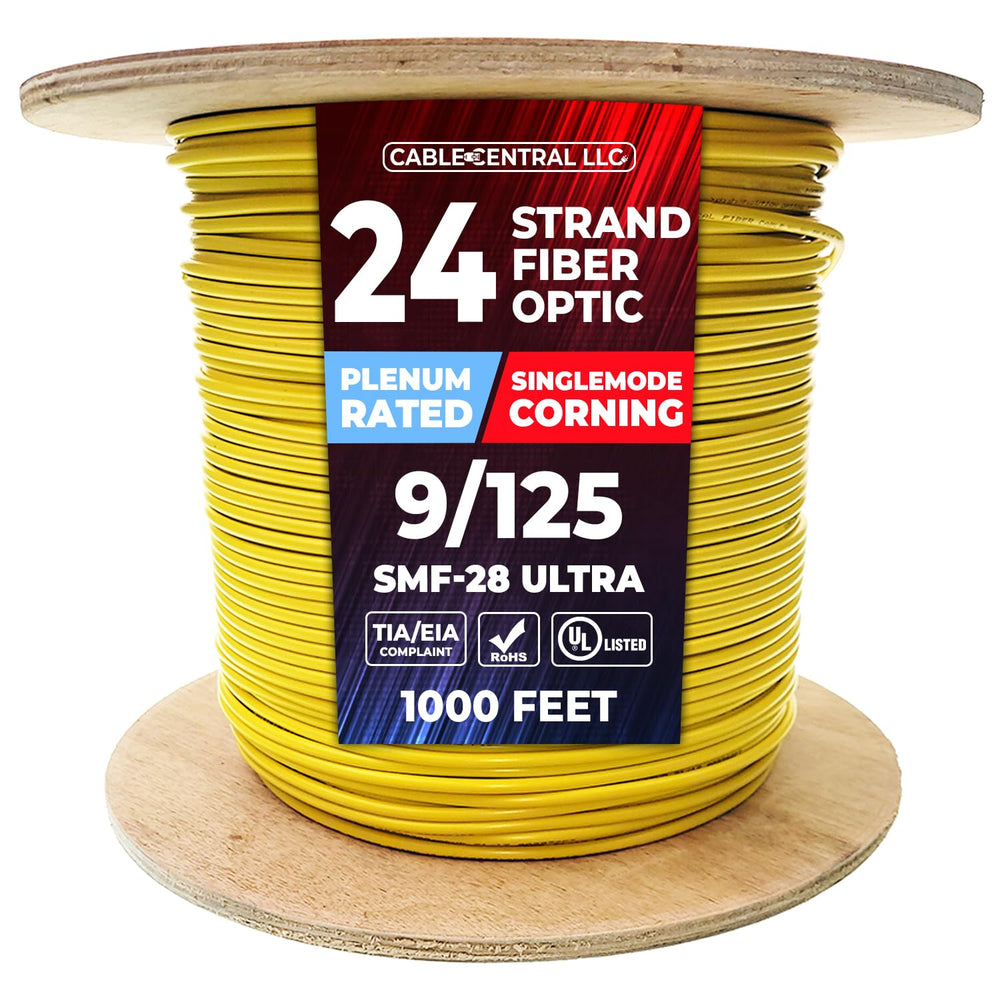 Plenum 24 Strand Indoor Distribution Fiber Optic Cable, OS2 9/125 Singlemode, Corning SMF-28 Ultra, Yellow, Spool, 1000 Feet