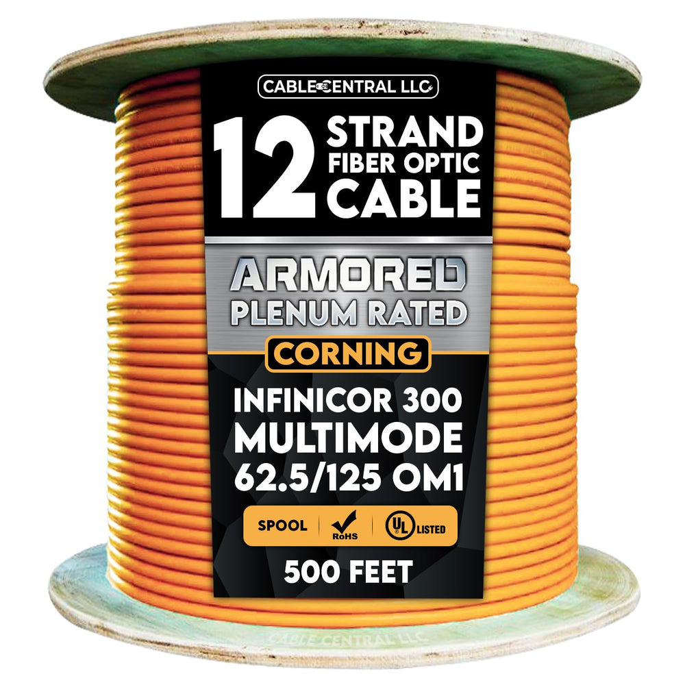 Armored Plenum 12 Strand Indoor Fiber Optic Distribution Networking Cable, OM1 62.5/125 Multimode, Corning Optical Fiber, Orange, Spool, 500 Feet